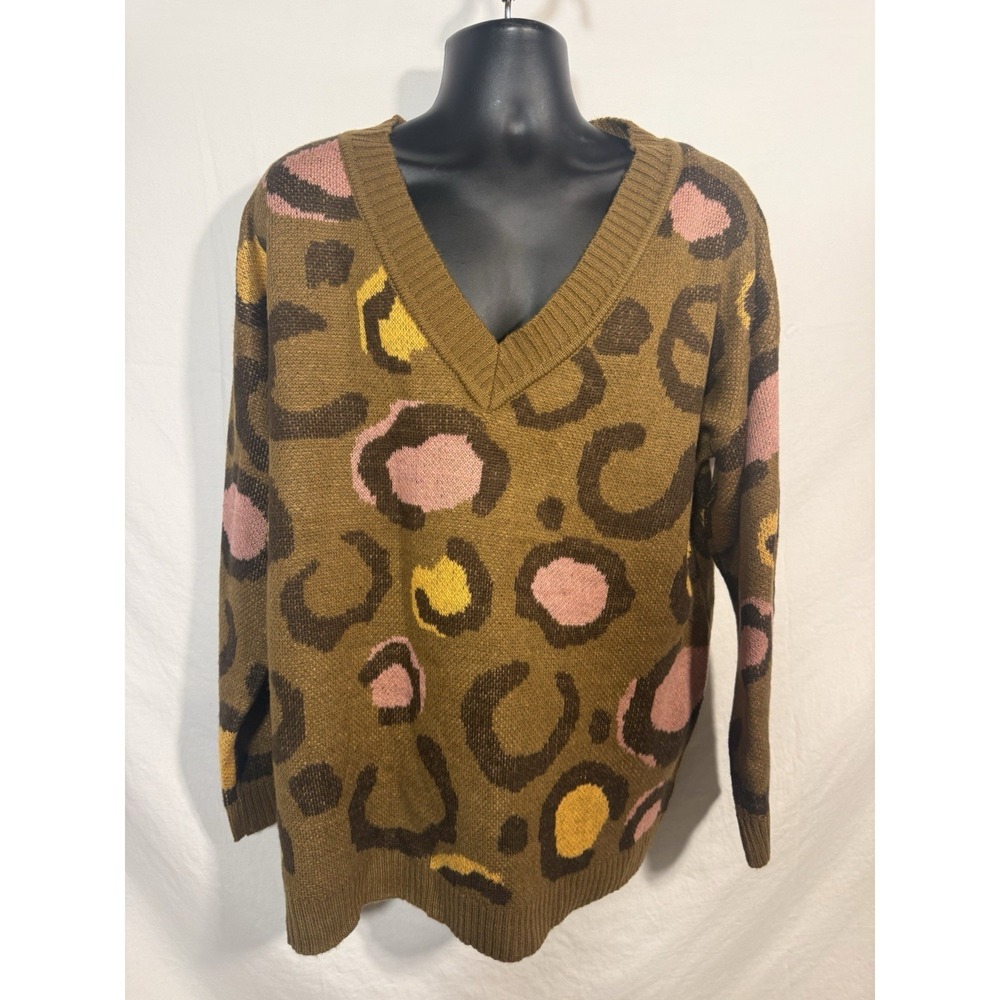 Andree By Unit Leopard Animal Print V Neck Sweater Boho 2XL Gold